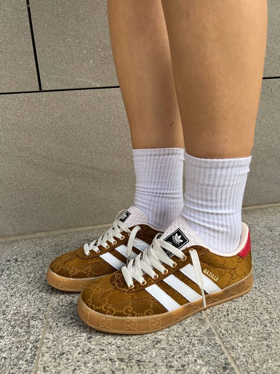 Кросівки жіночі Adidas x Gucci Gazelle Brown White Red коричневі осінь весна кеди адідас газелі