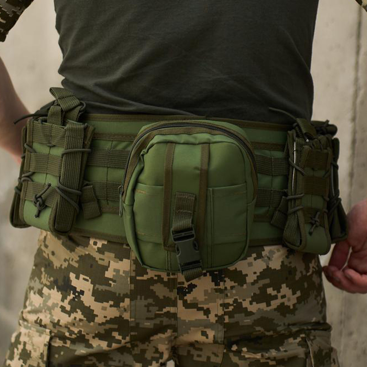 Оливковий РПС з підсумками/ Тактичний розвантажувальний ремінь із системою MOLLE/Армійський пояс РПС швидкознімний/