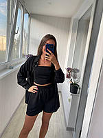 Черный деловой брючный костюм женский на корпоратив, Легкий женский комплект 4 в 1, топ, шорты, брюки, рубашка