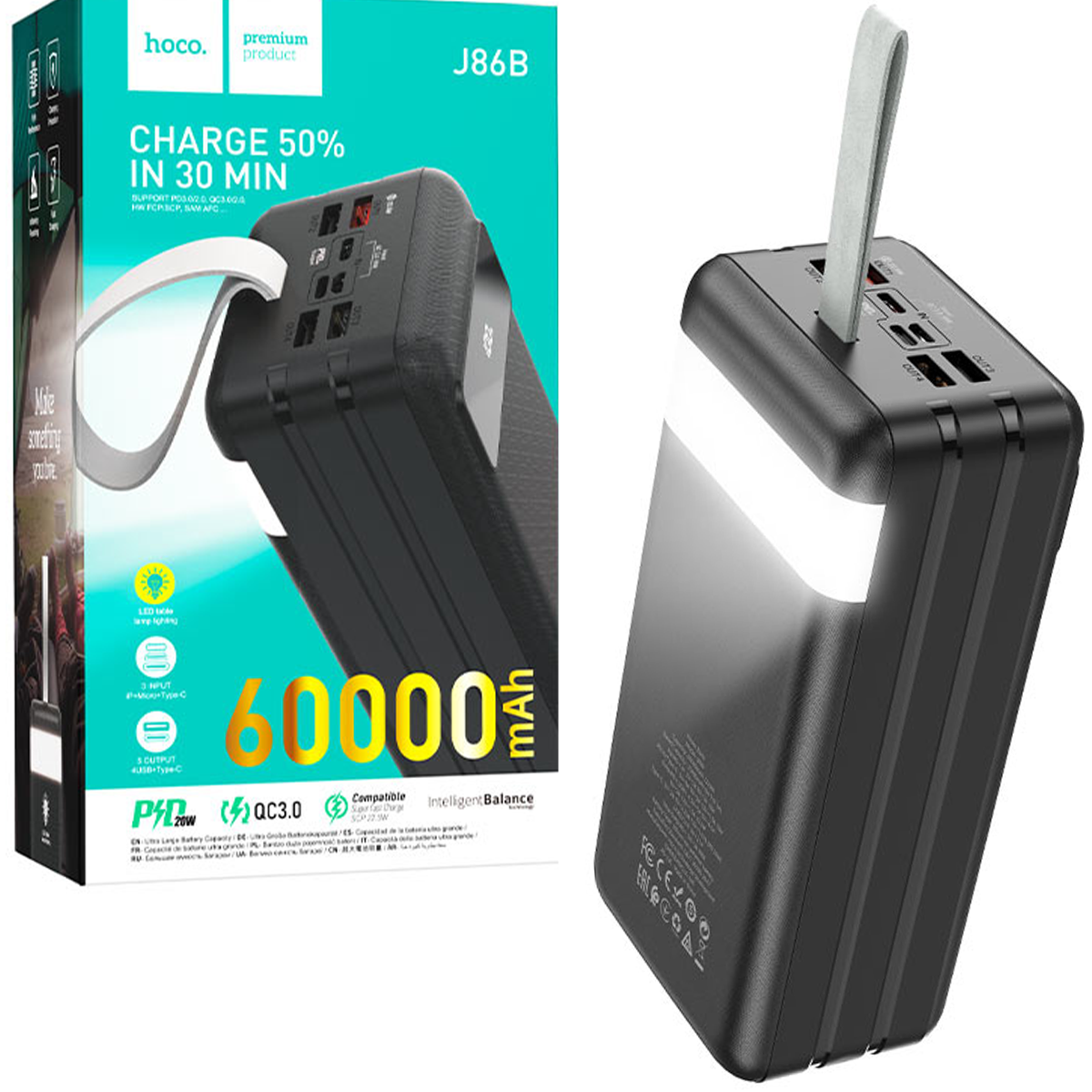Повербанк зі світильником HOCO J86B Powermaster 60000 mAh 22.5W QC 3.0 PD3.0 Black