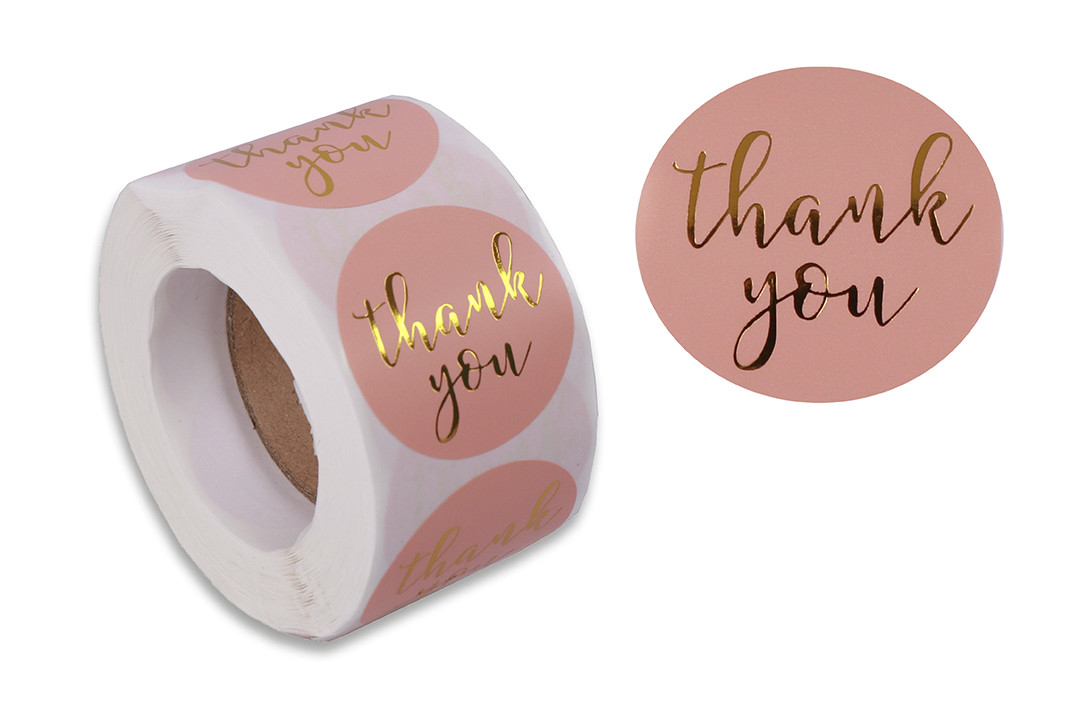 Наліпки стікери "Thank you" CN15, рожеві, 3.8 см, 500шт/рулон, фото 1