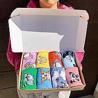 Бокс носков подростковых цветных длинных демисезонных с мультяшками 36-41 8 шт в классной праздничной коробке