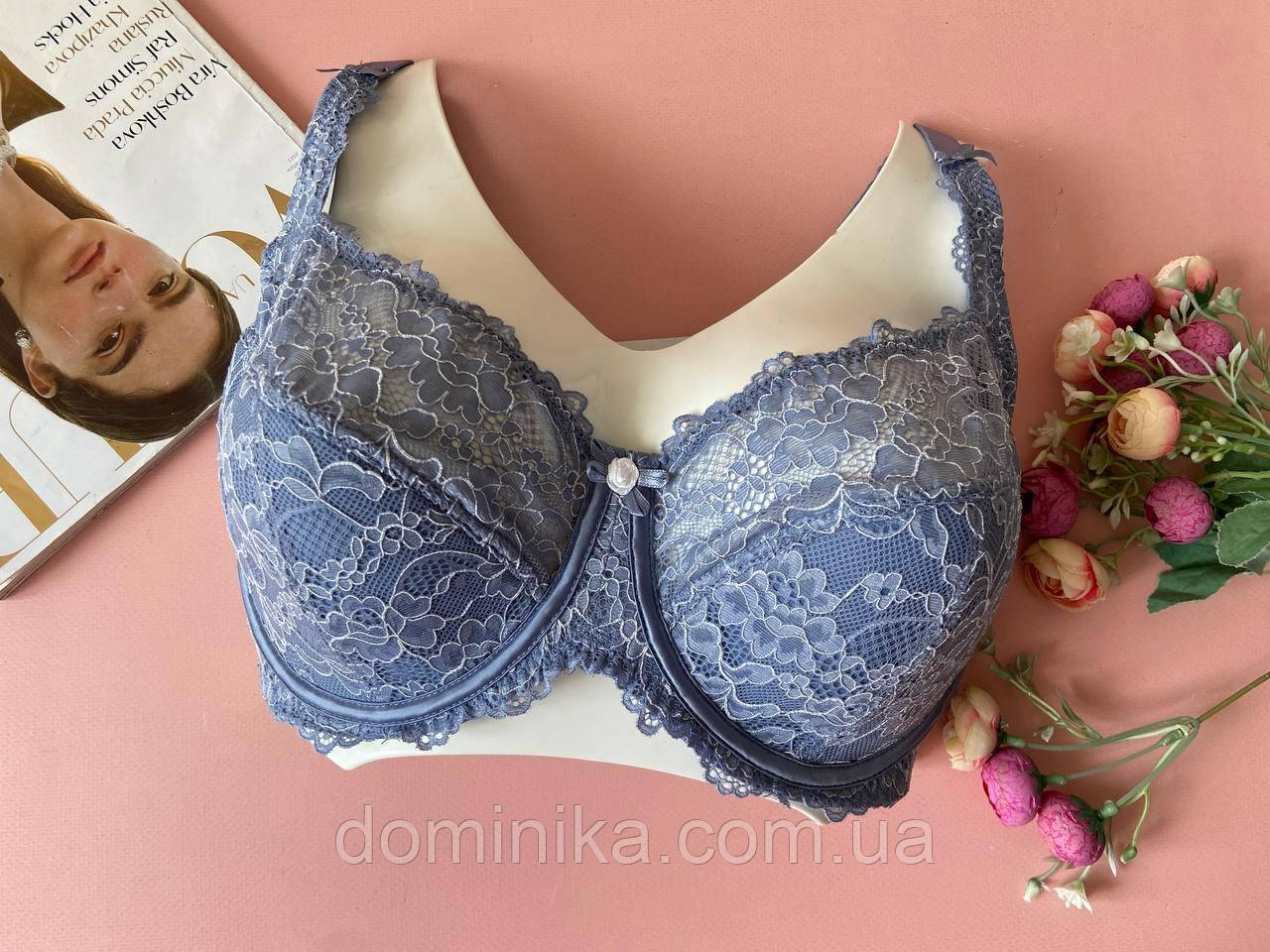 85G Блакитний жіночий бюстгальтер напівм'який мереживний