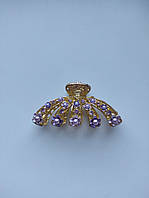 Золотистая Фиолетовая заколка краб для волос металл со стразами и бусинами под жемчуг 9 см
