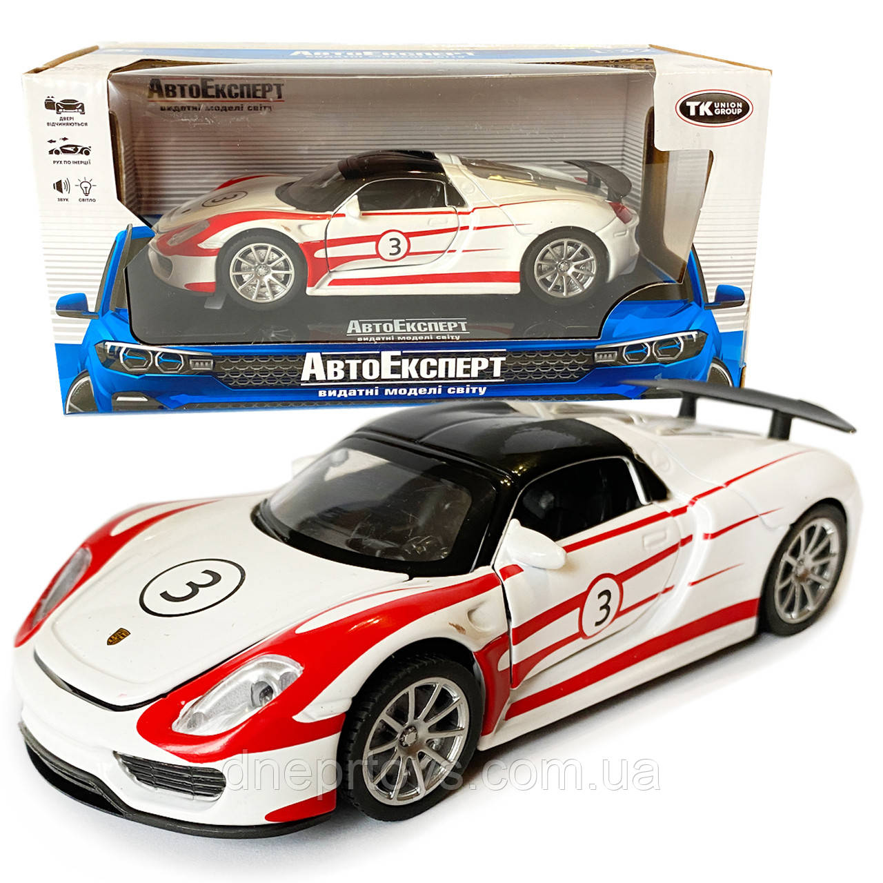 Машинка металева дитяча Porsche, Порше, білий з червоним, світло, звук,інерція,відкриваються двері, капот, 1:32, 15*7*6см, (68791), фото 1