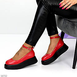 Червоні шкіряні туфлі на шлейку натуральна шкіра на чорній платформі lolita style