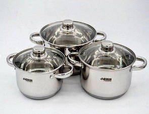 Якісні каструлі Benson 6 предметів неіржавкої сталі BN-205 для готування, Набір каструль для кухні з ручками