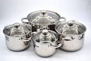 Набір каструль Benson 8 предметів із неіржавкої сталі BN-206 для готування, Якісні каструлі для кухні