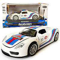 Машинка металлическая детская Porsche, Порше, белый с синим, свет, звук,инерция,открываются двери, капот,