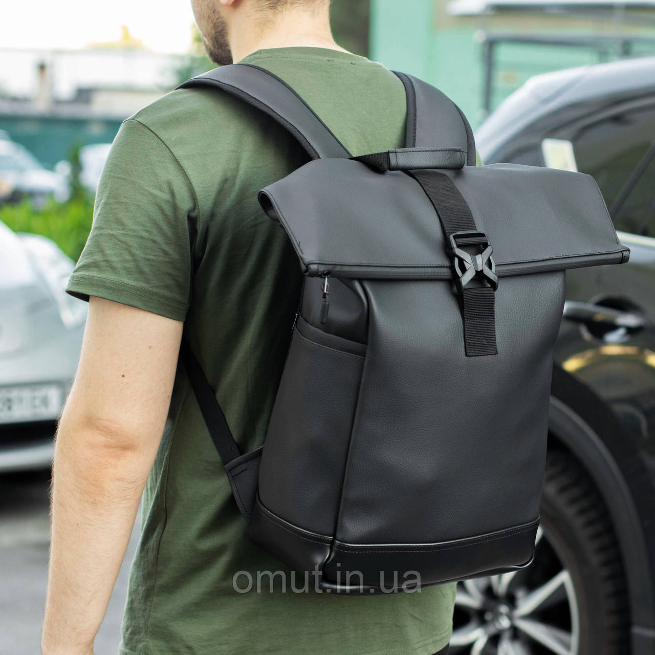 Міський чоловічий рюкзак RollTop рол топ чорний з екошкіри з відділенням під ноутбук місткий великий, фото 1
