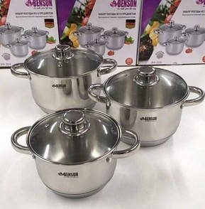 Якісні каструлі Benson BN-209 з неіржавкої сталі 6 предметів для готування плит будь-якого типу