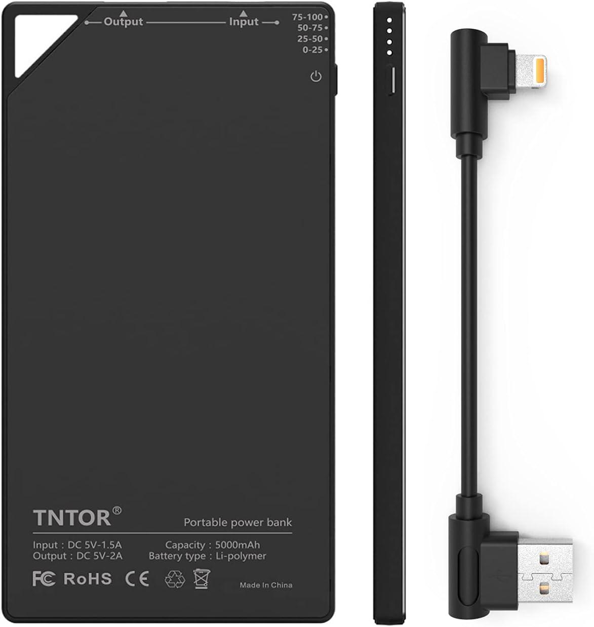 TNTOR 5000 mAh Ultra Slim Power Bank, металева оболонка, портативний mini power bank із зарядним кабелем для iPhone - чорний