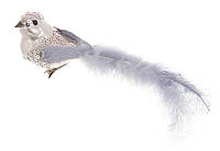 Декоративні пташки 16см для прикраси ялинки на кліпсі (натуральний пух та перо) срібло