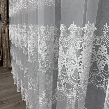 Якісний фатиновий тюль із густою вишивкою No80245 Молочний, фото 2