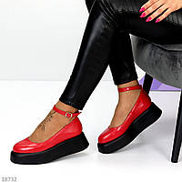 Красные кожаные туфли на шлейке натуральная кожа на черной платформе lolita style
