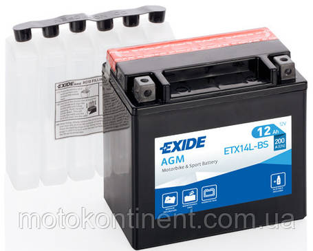 Акумулятор для мотоцикла EXIDE YTX14L-BS сухозаряженный AGM 12Ah 200A150x87x145, фото 3