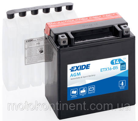 Акумулятор для мотоцикла EXIDE YTX16-BS сухозаряженный AGM 14Ah 215A150x87x161, фото 3