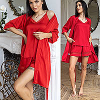 Женский красный шелковый комплект халат и пижама майка и шорты. Домашний комплект с шортами для сна и отдыха