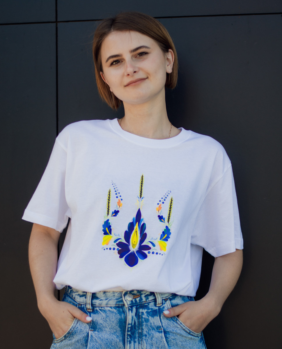 Футболка жіноча біла бавовняна з принтом ГЕРБ ПШЕНИЦЯ патріотичний Український подарунок
