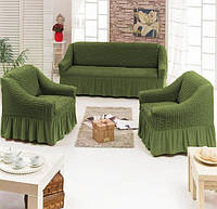 Чехол натяжной диван и два кресла мягкой мебели с юбкой съемный зеленый Home Collection Evibu Турция