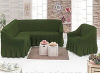 Чехол натяжной угловой диван + кресло с юбкой накидка с оборкой универсальный Турция Зеленый 4