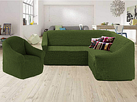 Чехол натяжной угловой диван + кресло без юбки накидка без оборкой универсальный Турция Зеленый 4