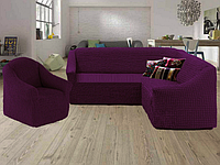 Чехол натяжной угловой диван без юбки накидка универсальная без оборкой Жатка Турция Фиолетовый 8