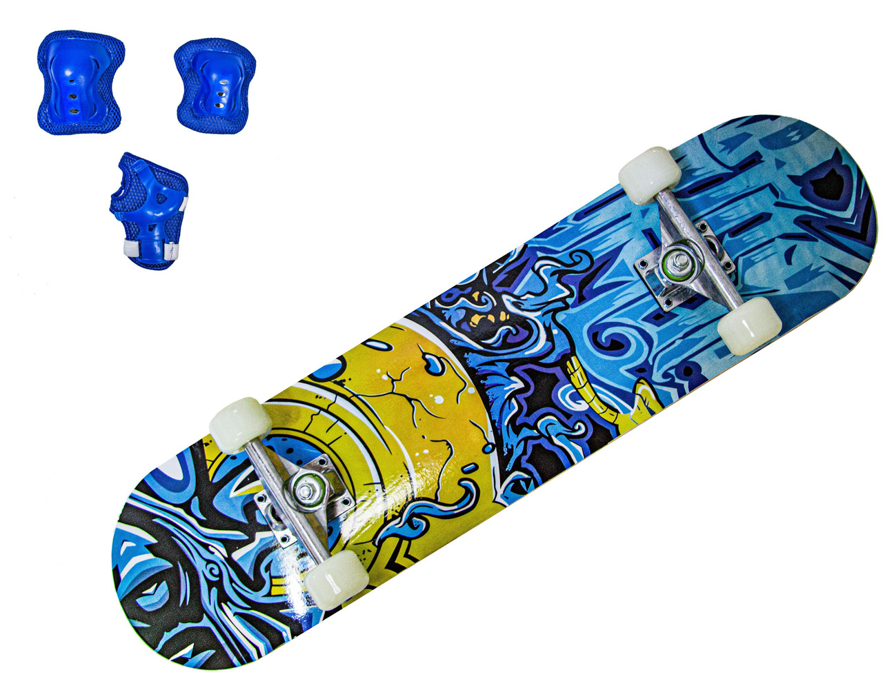Скейтборд "Graffity Blue" із захистом у комплекті. Навантаження до 85 кг, фото 1