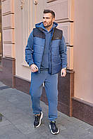 Мужской спортивный костюм тройка Теплый костюм жилетка худи штаны большие размеры M, джинс-черный