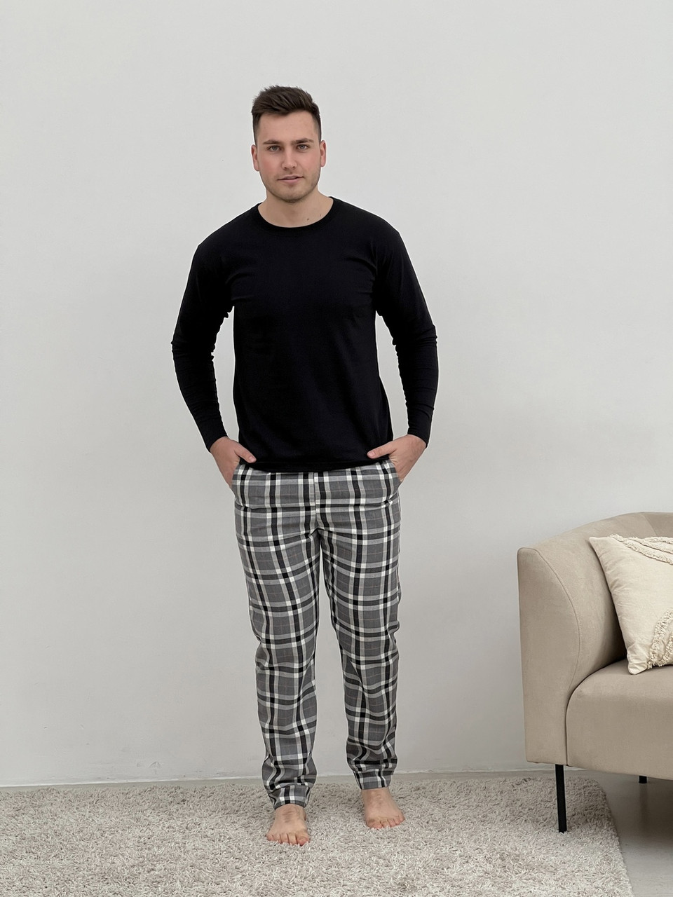 Домашня піжама для чоловіків  COSY із фланелі (штани+лонгслив) КЛІТИНКА СІРА