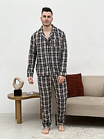 Пижама мужская домашний костюм из фланели (штаны+рубашка) COSY клетка темно-синяя/кремовая