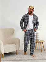 Мужская пижама домашний костюм COSY 3в1 (штаны+рубашка+футболка) КЛЕТКА СЕРЫЙ/ЧЁРНЫЙ/БЕЛЫЙ
