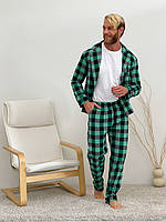 Мужская пижама домашний костюм COSY 3в1 (штаны+рубашка+футболка) КЛЕТКА ЗЕЛЕНО-ЧОРНА