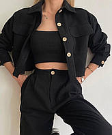 Женский стильный костюм двойка укороченный пиджак на пуговицах и штаны (черный, малиновый, бежевый, зеленый) Черный, 42/44