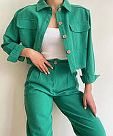 Женский стильный костюм двойка укороченный пиджак на пуговицах и штаны (черный, малиновый, бежевый, зеленый) Зеленый, 42/44