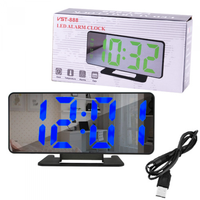 Зеркальные LED часы с будильником и термометром VST-888 Чёрные Синяя подсветка - фото 3 - id-p1912694310