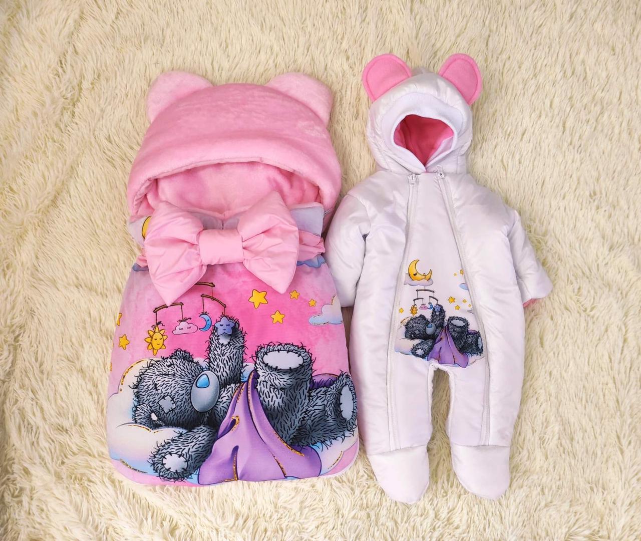 Комплект одягу для новонароджених дівчаток, принт сонний Ведмедик, рожевий з білим