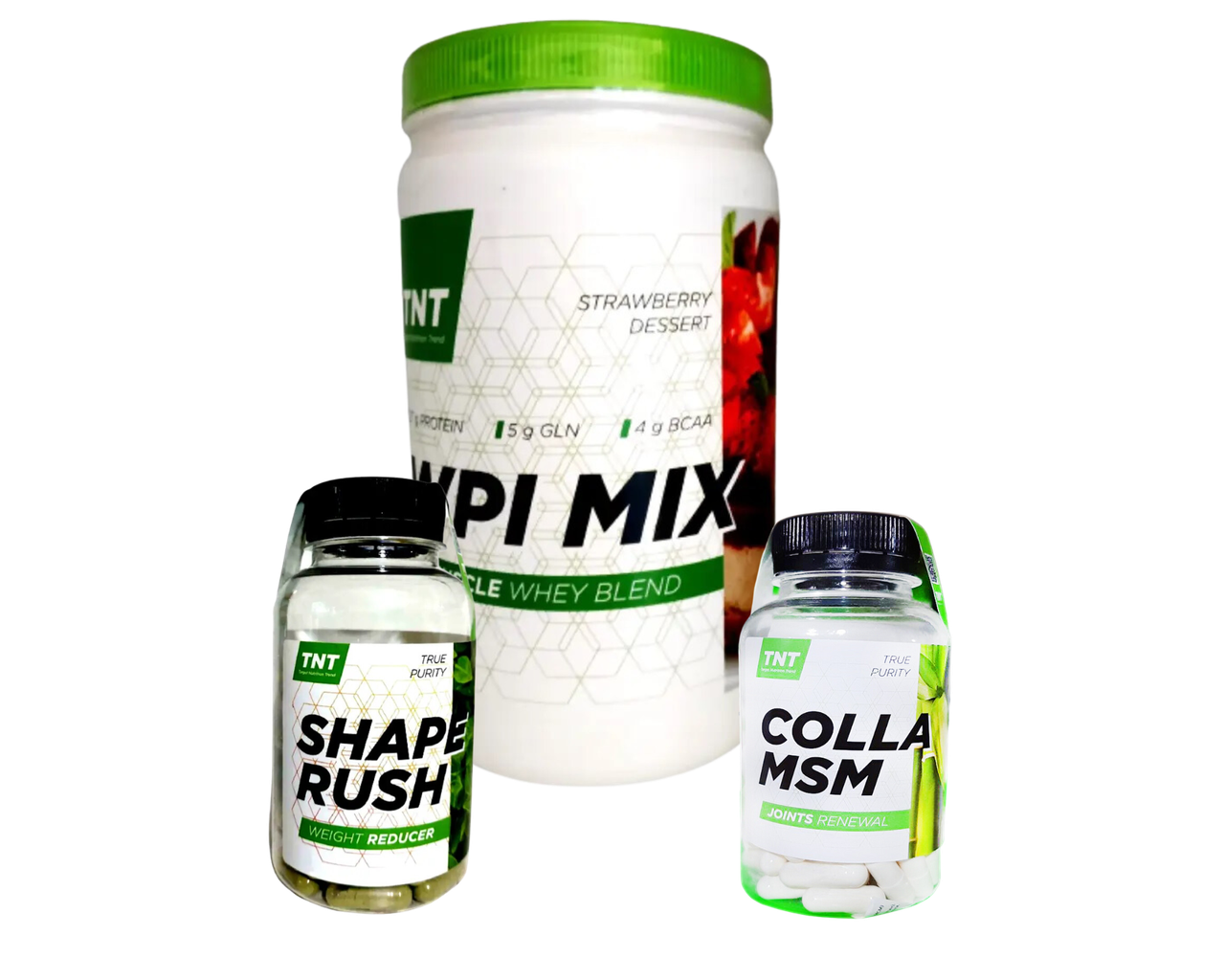 Комплект для легкого схуднення: ізолят WPI MIX смак полуниця, жироспалювач Shape Rush, колаген COLLA-MSM TNT, фото 1