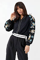 Жіноча вишиванка чорна, бавовняна блузка з вишивкою рукав ліхтарик S M L(42 44 46)