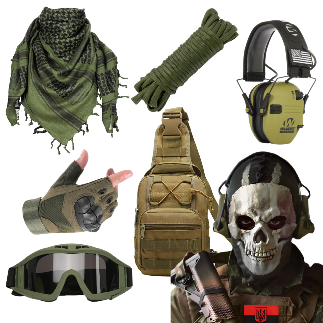 Навушники Walkers + Балаклава череп + Шеврон + Шарф + Окуляри маска + Перчатки + Мотузка + Сумка | Tactic ЗСУ 8 в 1, фото 1