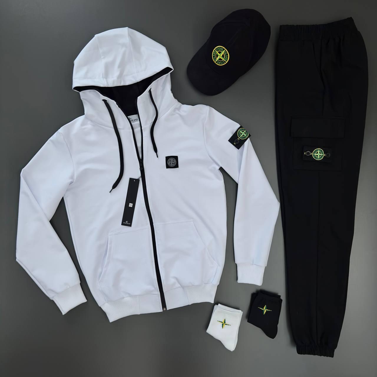 Stone Island костюм кепка весняний осінній чоловічий спортивний комплект стон айленд чорнo-білий