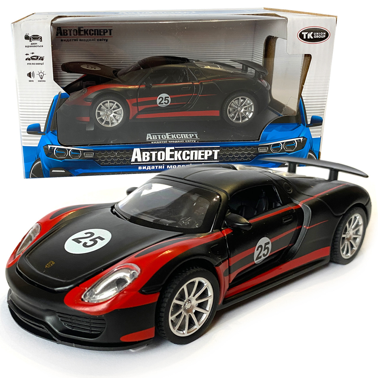 Машинка металева дитяча Porsche, Порше, чорний, світло, звук,інерція,відкриваються двері, капот, 1:32, 15*7*6см, (68791), фото 1