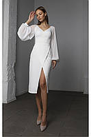 Белое платье с шифоновым рукавом и юбкой на запах (M/L)