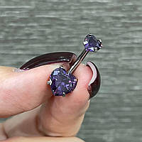 Пірсинг у пупок "Два сердечка фіолетовий аметист" сережка навела ювелірна медична сталь з цирконами