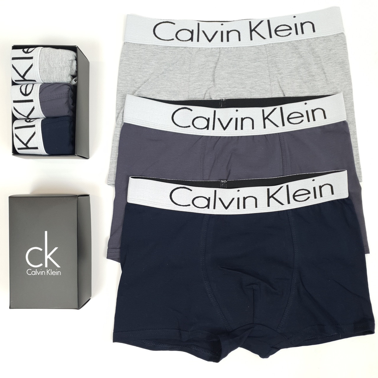 Комплекти чоловічої білизни 3шт Calvin Klein. Чоловічі труси-боксери Кельвін Кляйн. Набір нижньої білизни в коробці