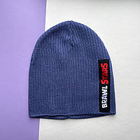 Вязанная двойная шапка 52-56 размер джинс с фиолетом