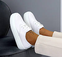 Женские кожаные туфли на шнурках на широкой подошве стильные белые натуральная кожа