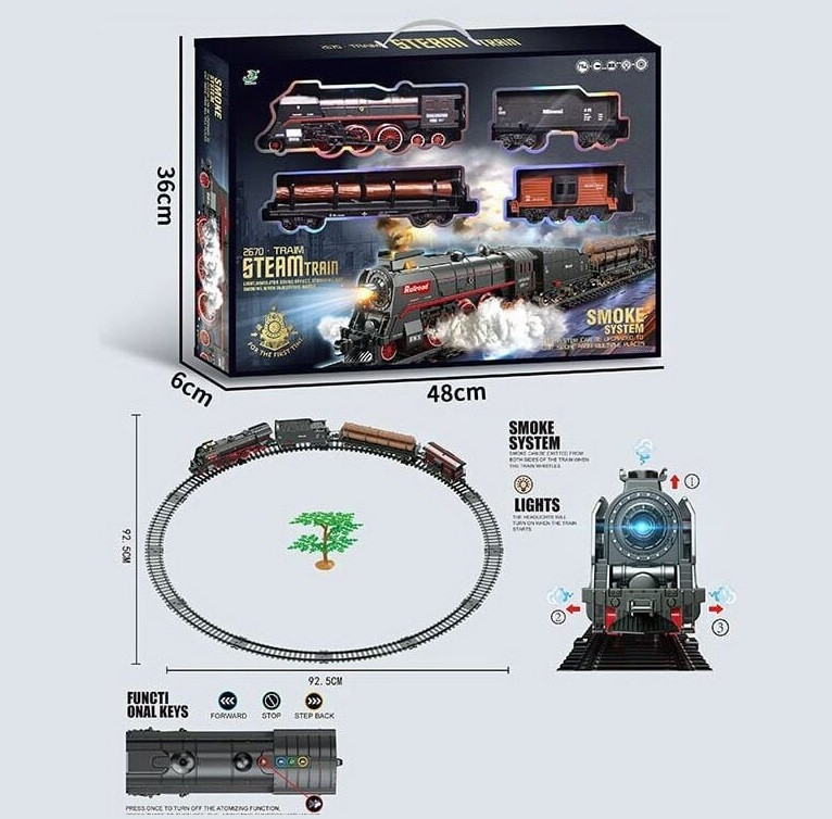 Залізниця дитяча 601 A, звук, підсвічування, парогенератор, автоматичний рух, на батарейках, локомотив і 3 вагони, в коробці