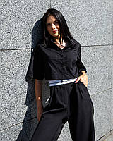 Черная рубашка женская укороченная с коротким рукавом хлопковая