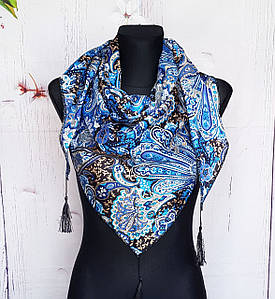 Косинка на флісі тепла з китицями грессі сині вензеля